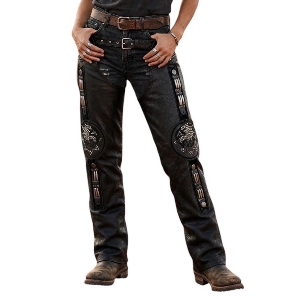 Baja Vintage Heavy Leather Black Studded Metal Riding Chaps Western Biker M